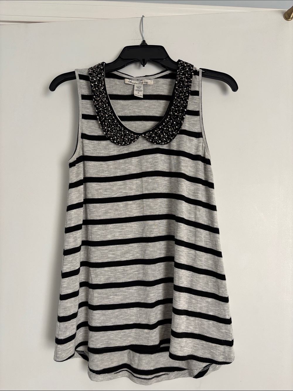 American Rag Black & Gray Striped Tank with Beaded Peter Pan Collar